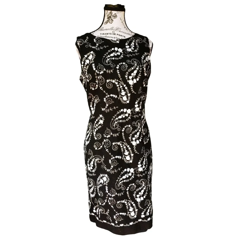 Liz Claiborne Shift Dress Womens 8 Black Linen Floral Paisley Embroidered‎